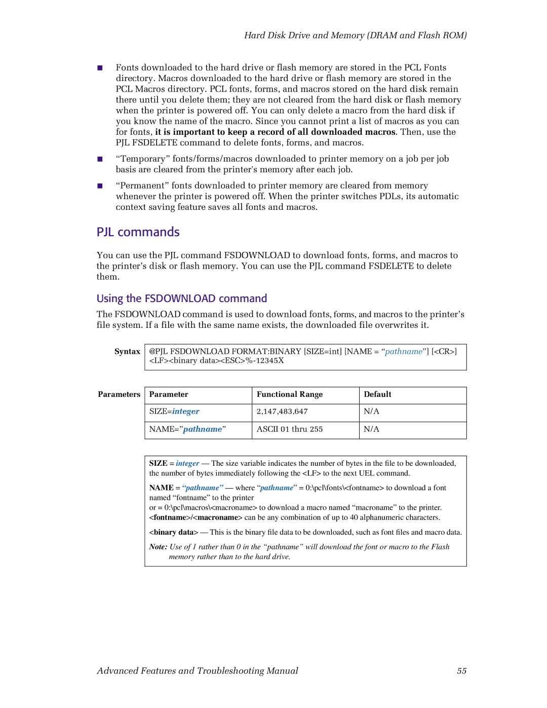 Xerox N4525 manual PJL commands, Using the Fsdownload command 