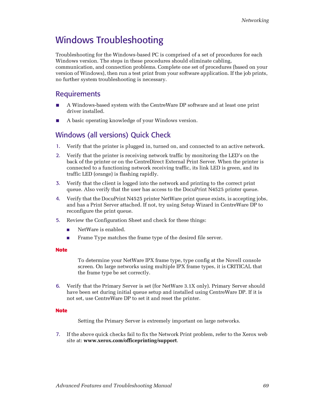 Xerox N4525 manual Windows Troubleshooting, Requirements, Windows all versions Quick Check 