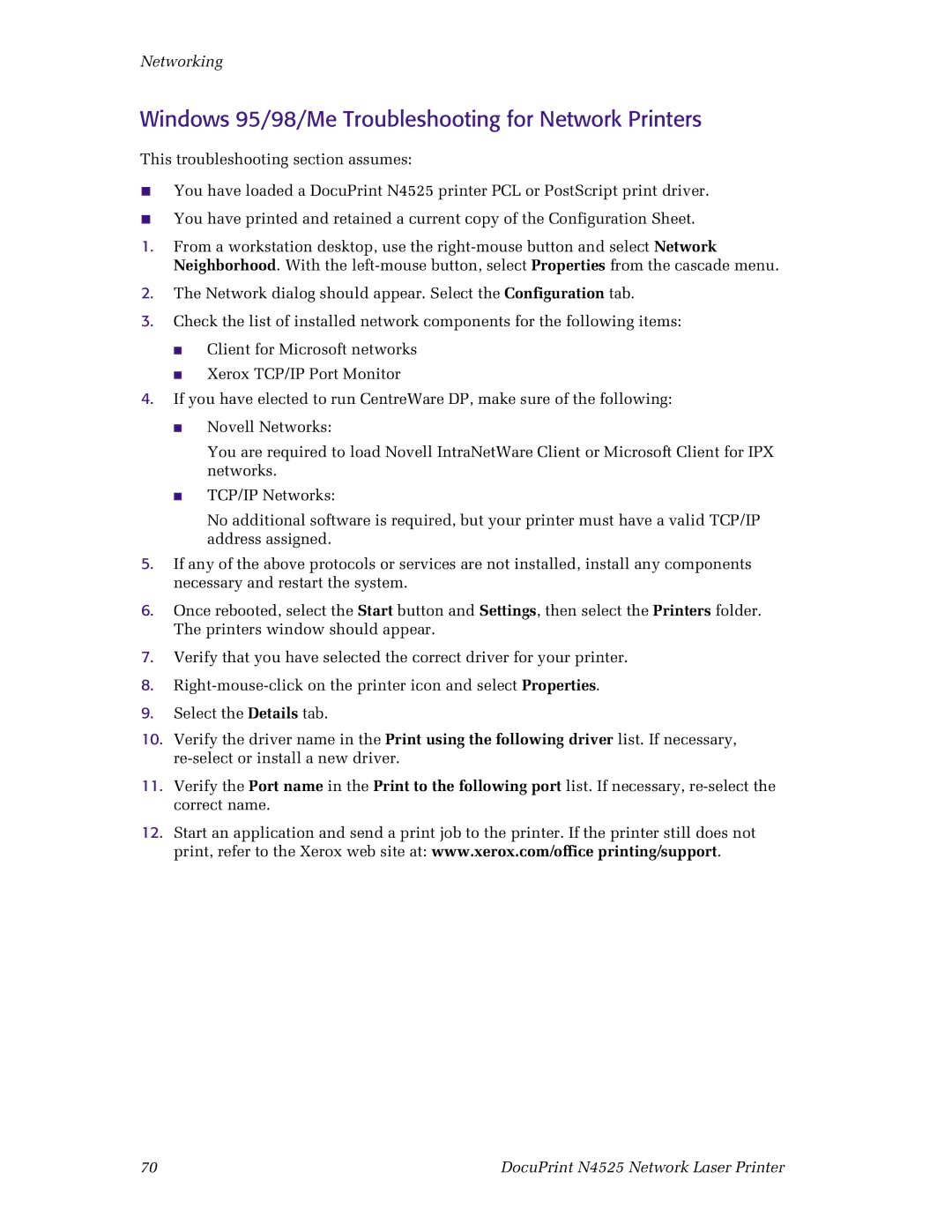 Xerox N4525 manual Windows 95/98/Me Troubleshooting for Network Printers 