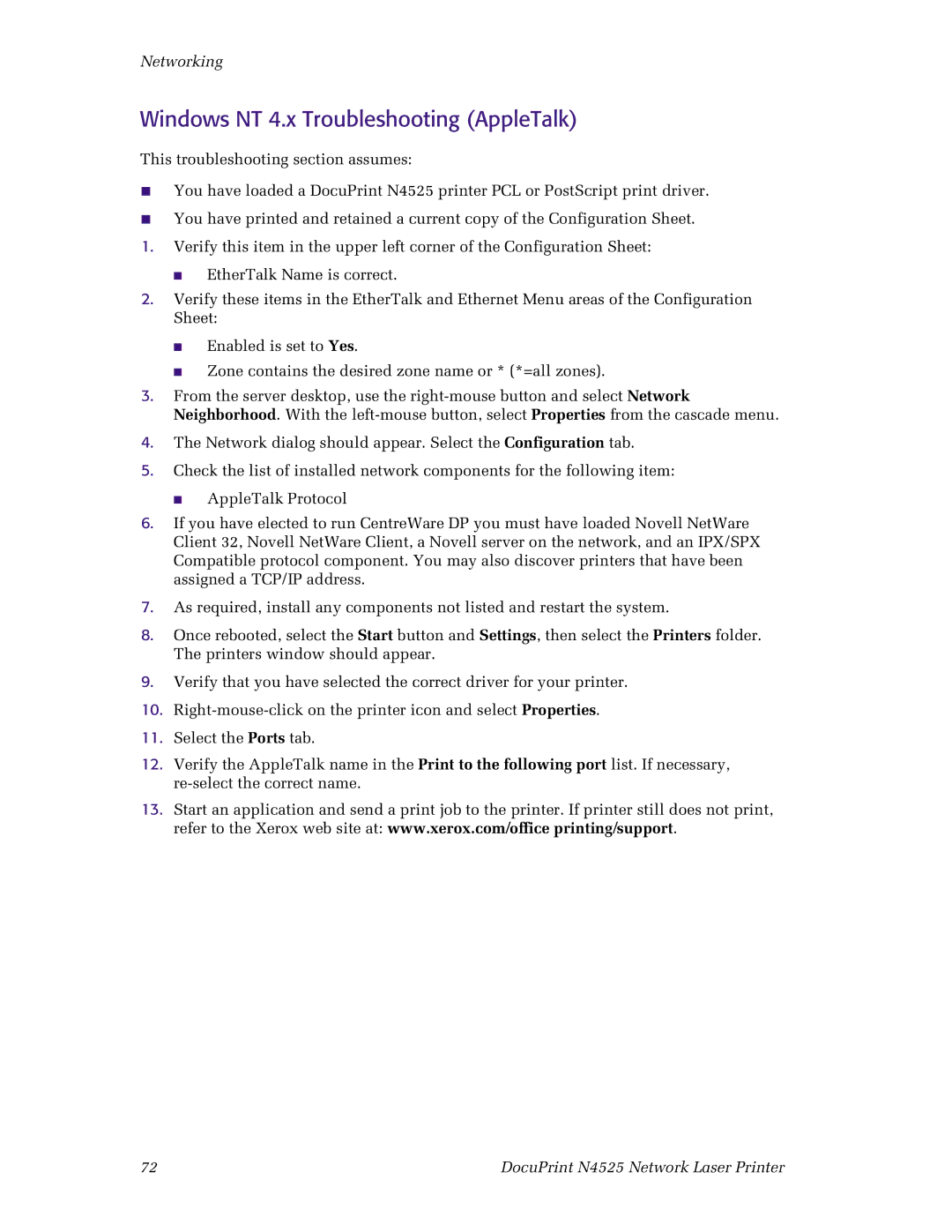 Xerox N4525 manual Windows NT 4.x Troubleshooting AppleTalk 