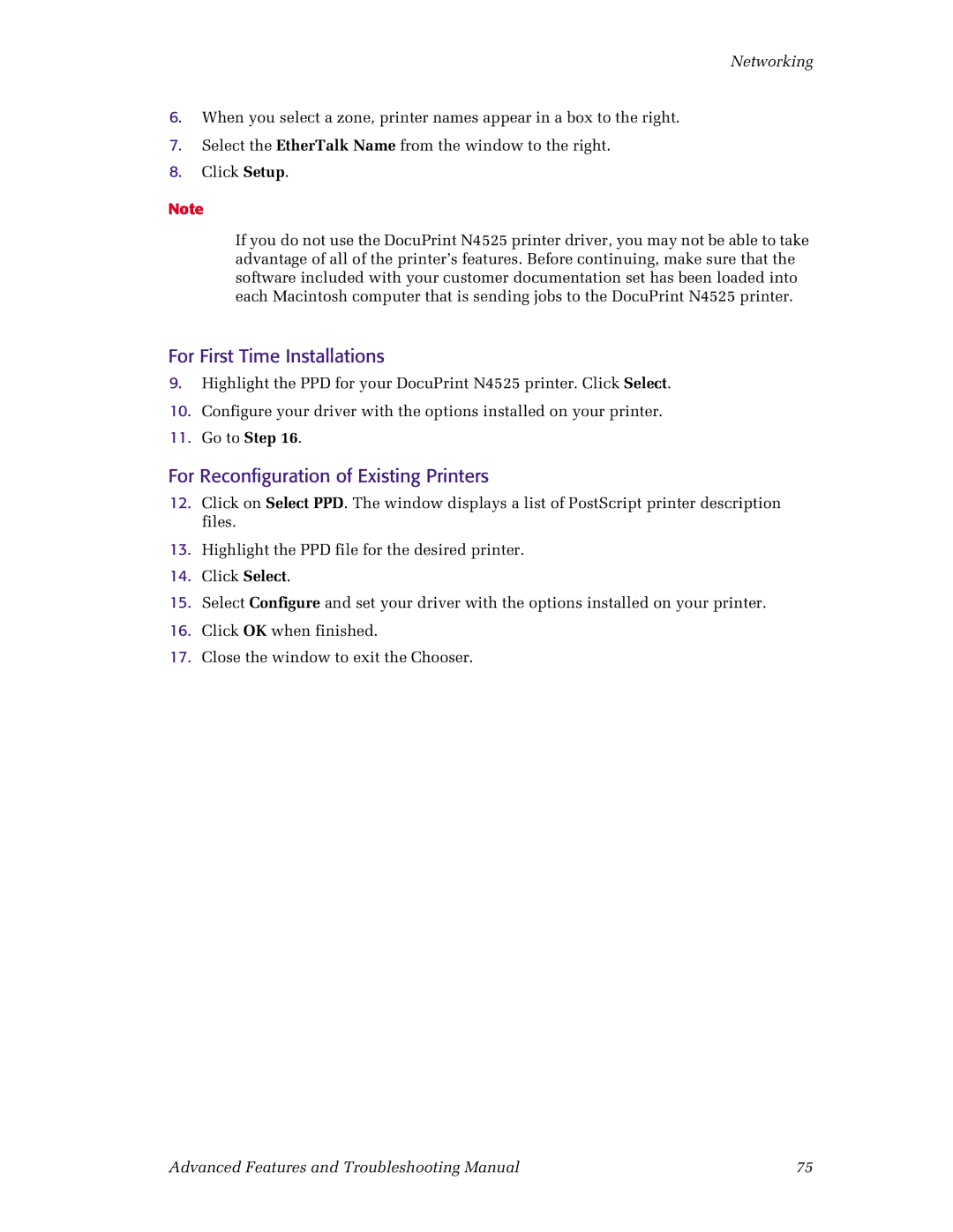 Xerox N4525 manual For First Time Installations, For Reconfiguration of Existing Printers 