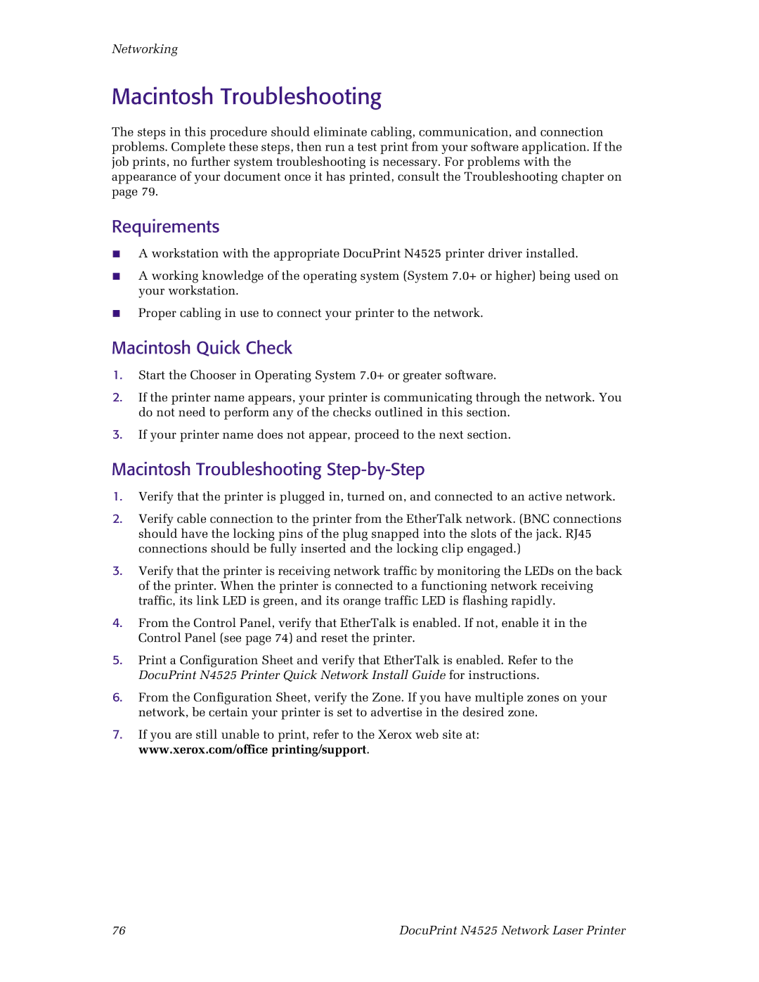 Xerox N4525 manual Macintosh Quick Check, Macintosh Troubleshooting Step-by-Step 