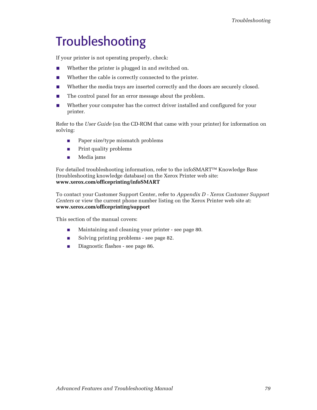 Xerox N4525 manual Troubleshooting 