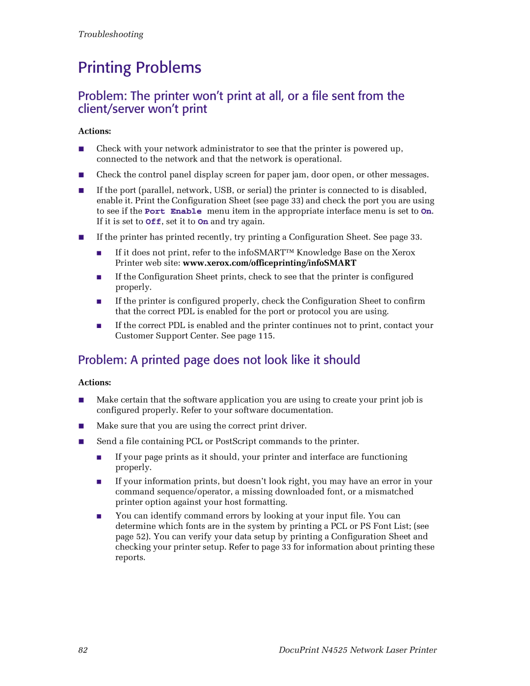 Xerox N4525 manual Printing Problems, Problem a printed page does not look like it should 