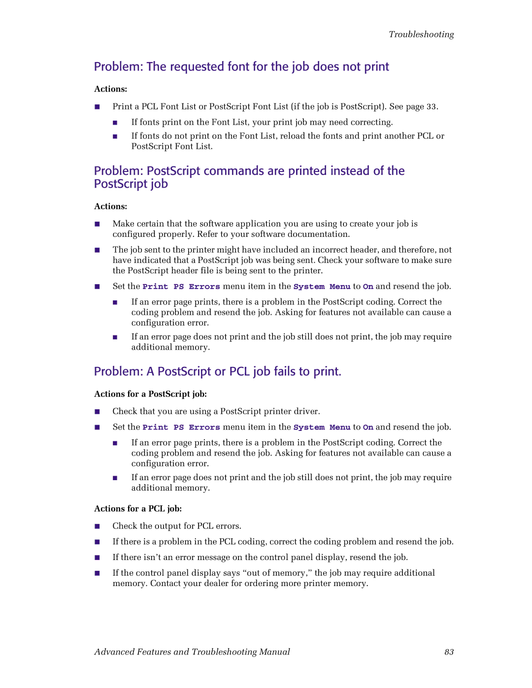 Xerox N4525 manual Problem The requested font for the job does not print, Problem a PostScript or PCL job fails to print 