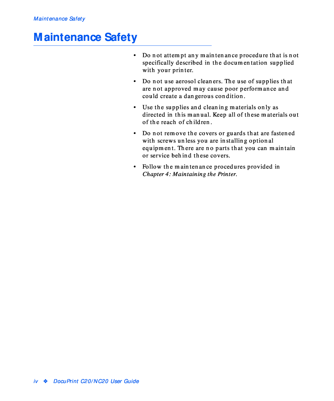 Xerox manual Maintenance Safety, iv DocuPrint C20/NC20 User Guide 
