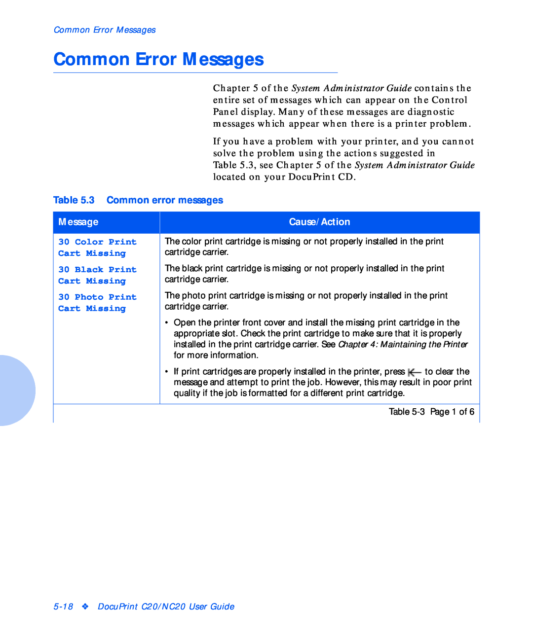 Xerox NC20 manual Common Error Messages, 3 Common error messages, Cause/Action, Color Print, Cart Missing, Black Print 