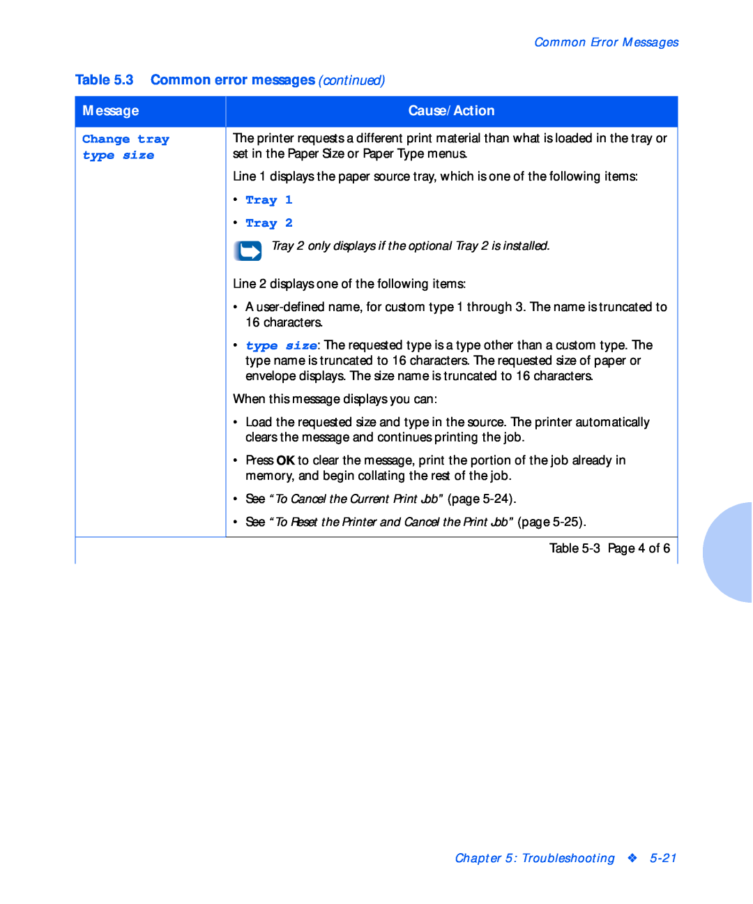 Xerox NC20 Change tray, type size, Tray, 3 Common error messages continued, Cause/Action, Common Error Messages 