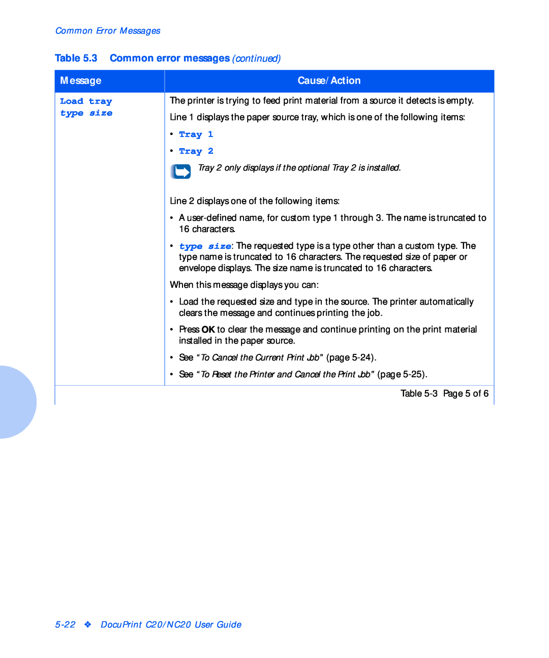 Xerox NC20 manual Load tray, 3 Common error messages continued, Cause/Action, type size, Tray, Common Error Messages 