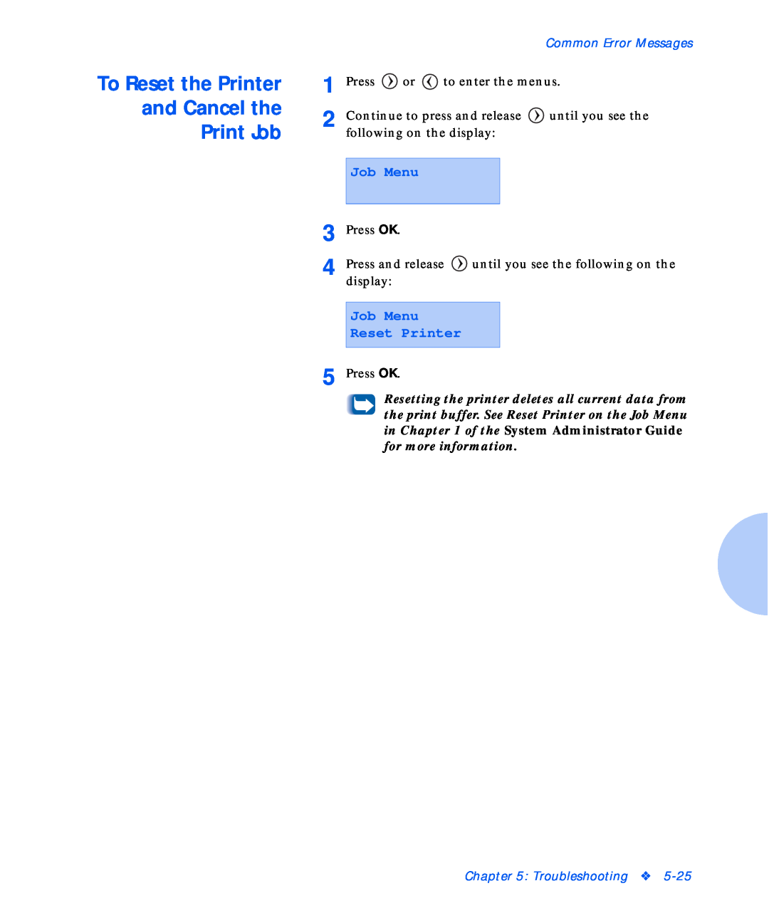 Xerox NC20 manual To Reset the Printer and Cancel the Print Job, Job Menu Reset Printer, Troubleshooting 