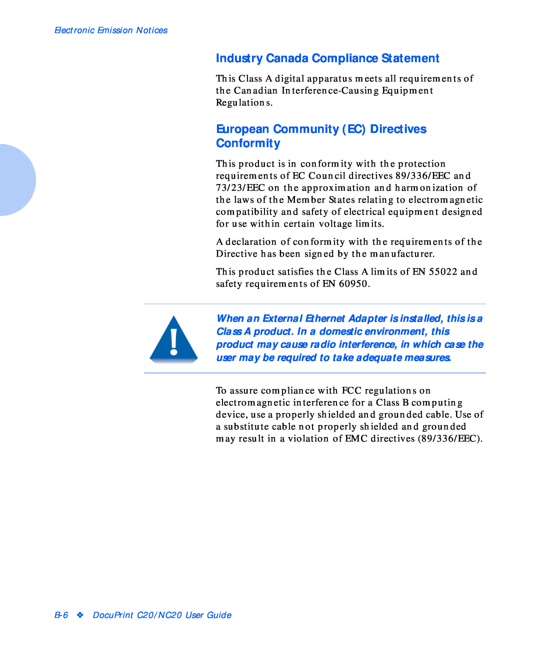 Xerox NC20 manual Industry Canada Compliance Statement, European Community EC Directives Conformity 