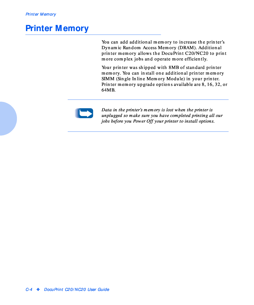 Xerox manual Printer Memory, C-4 DocuPrint C20/NC20 User Guide 