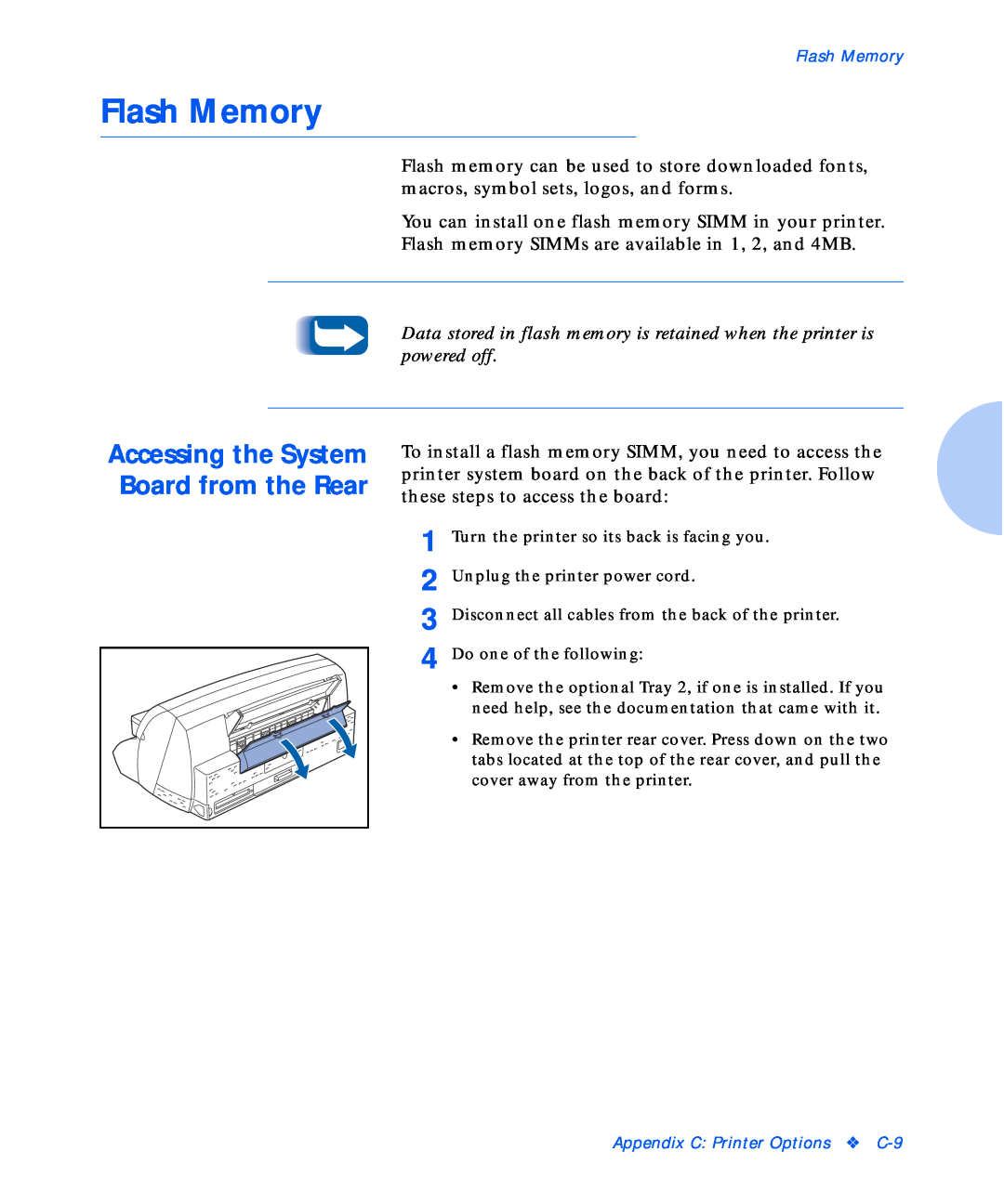 Xerox NC20 manual Flash Memory, Accessing the System Board from the Rear 
