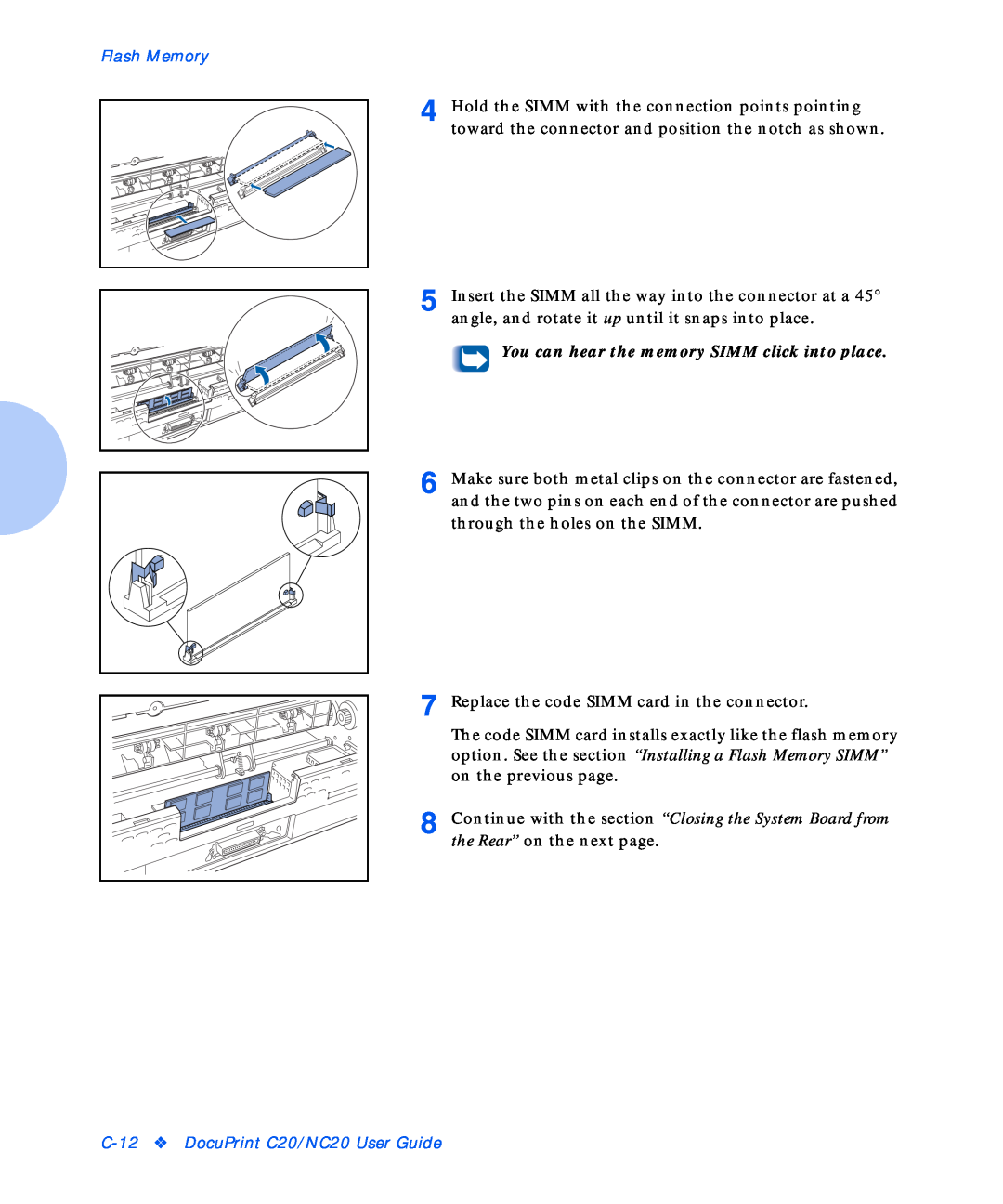 Xerox manual Flash Memory, You can hear the memory SIMM click into place, C-12 DocuPrint C20/NC20 User Guide 