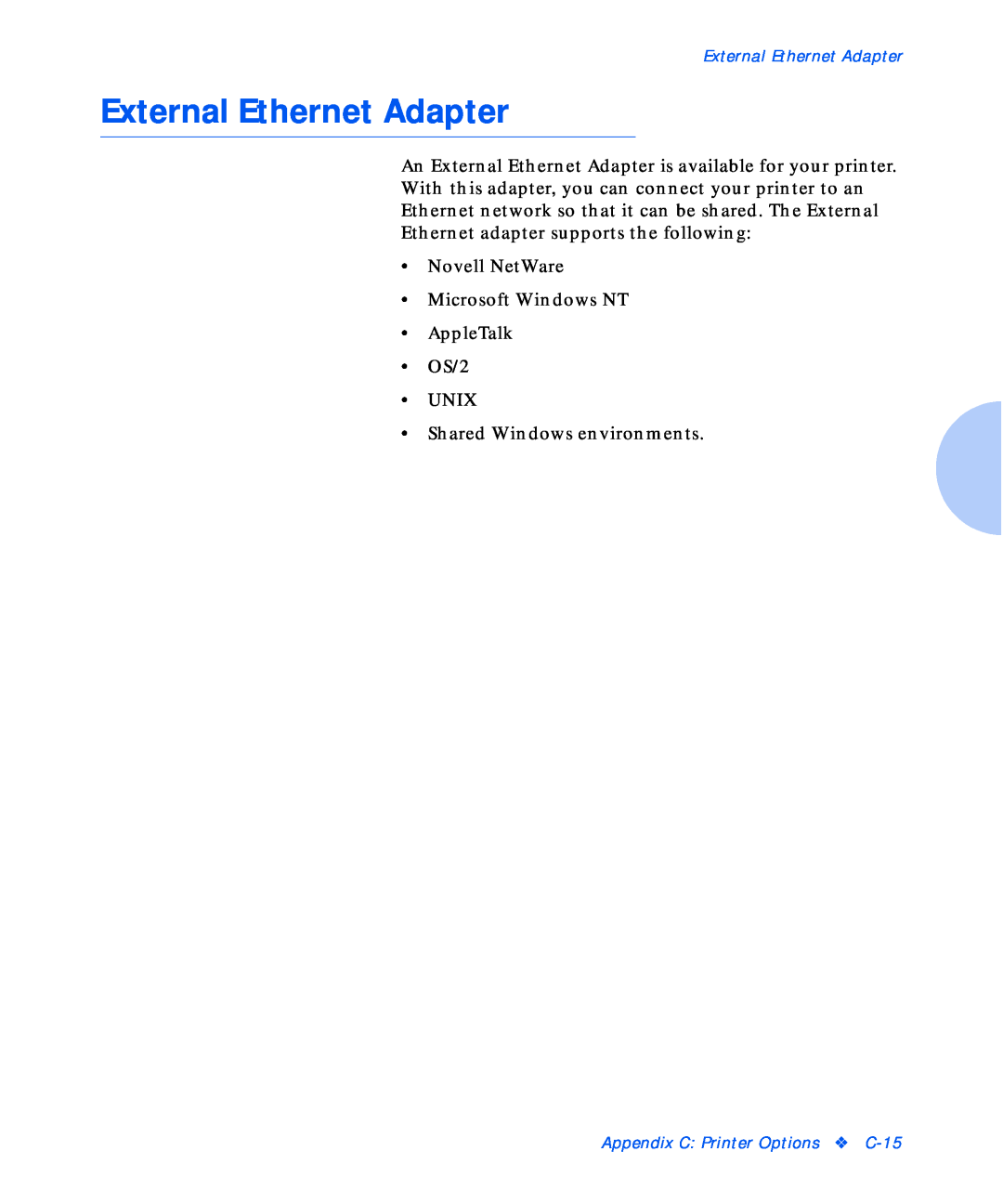 Xerox NC20 manual An External Ethernet Adapter is available for your printer, Appendix C Printer Options C-15 