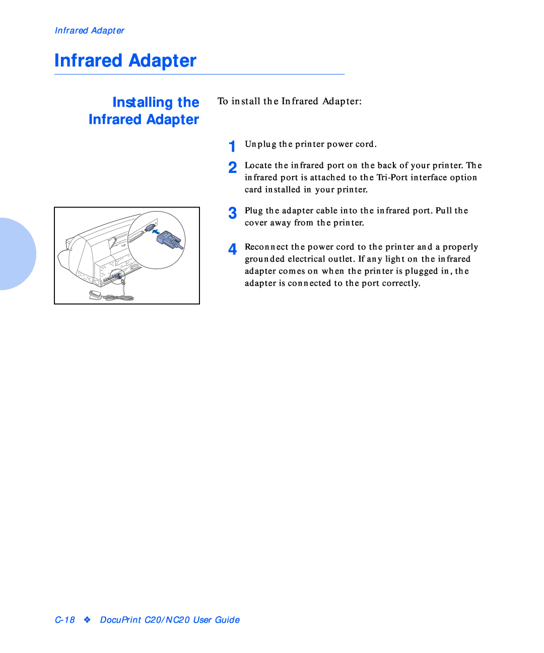 Xerox manual Infrared Adapter, C-18 DocuPrint C20/NC20 User Guide 