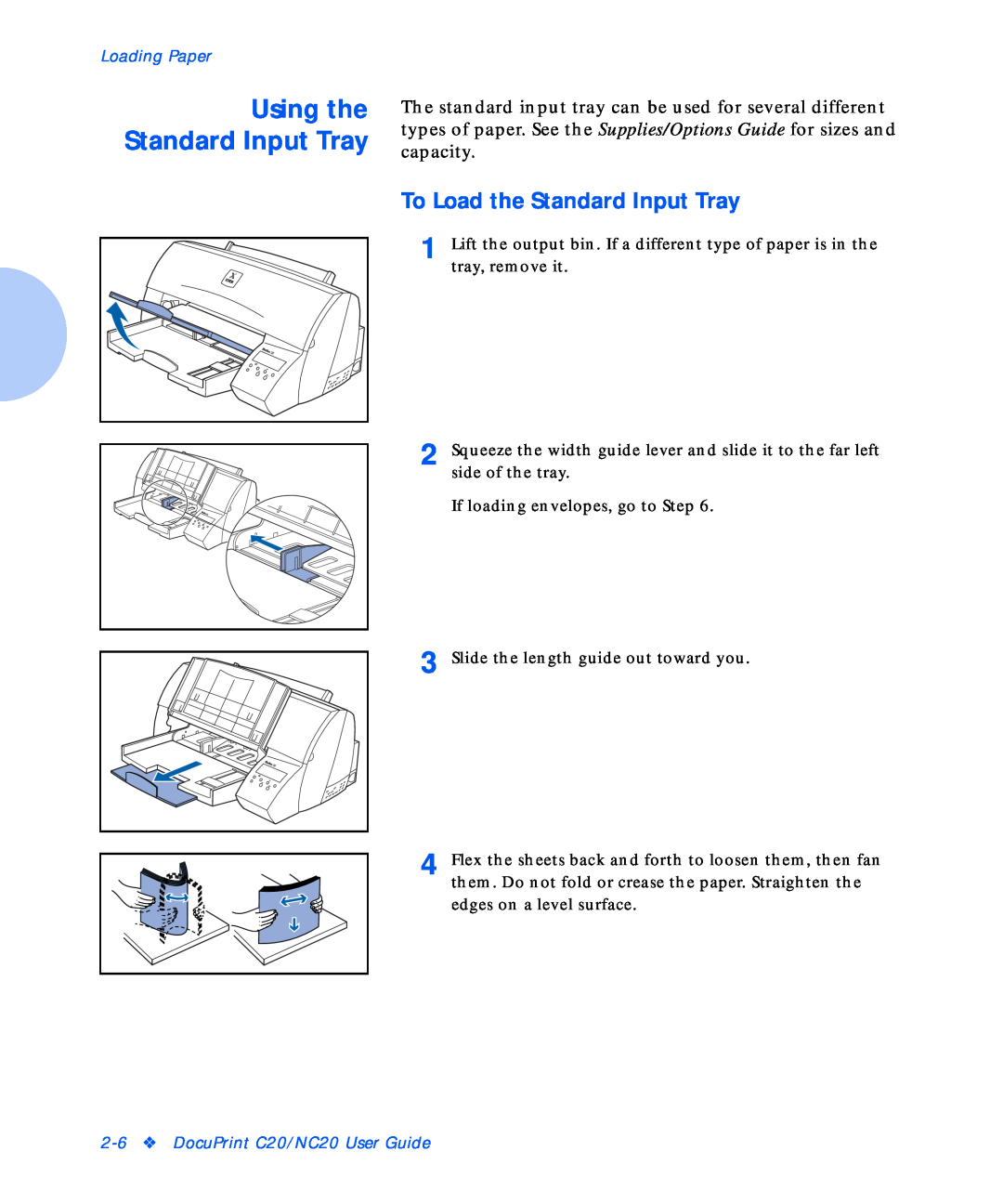 Xerox Using the Standard Input Tray, To Load the Standard Input Tray, Loading Paper, DocuPrint C20/NC20 User Guide 