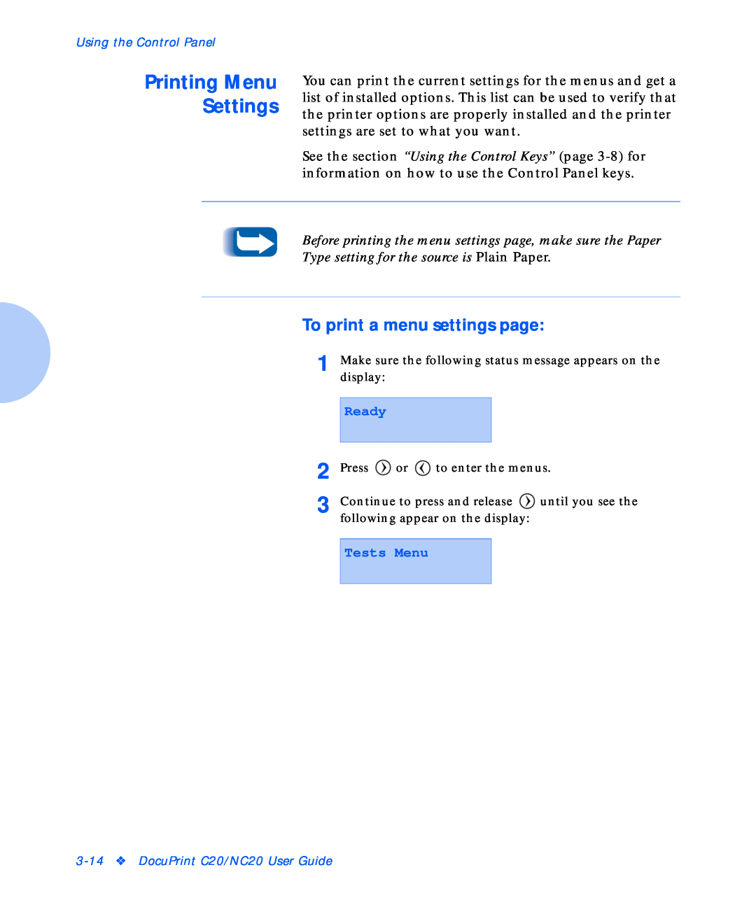 Xerox NC20 manual Printing Menu Settings, To print a menu settings page, Tests Menu, Ready 