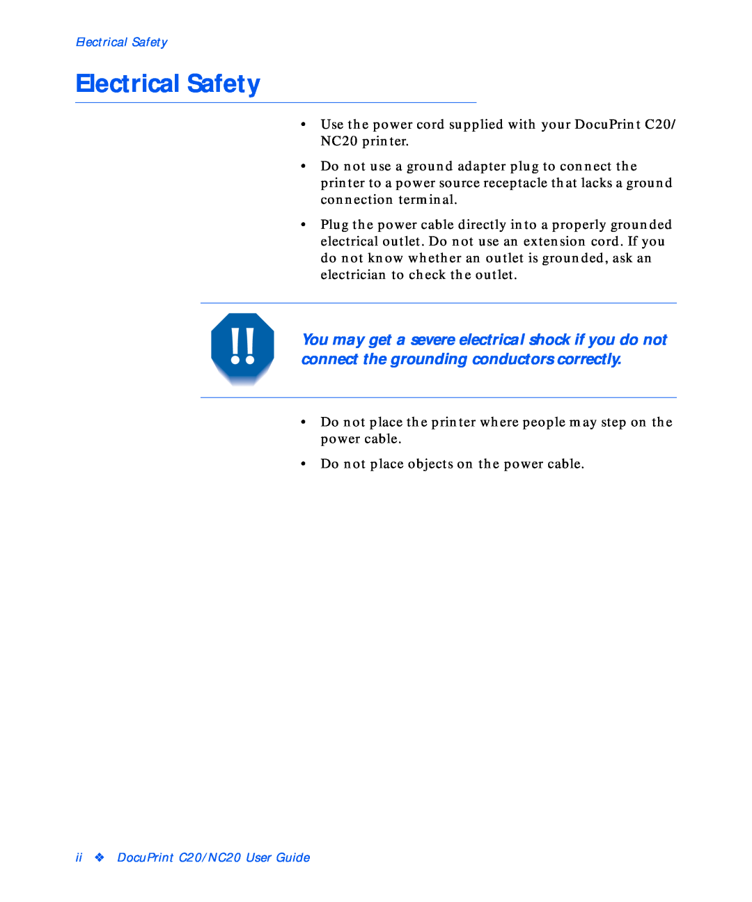 Xerox NC20 manual Electrical Safety 