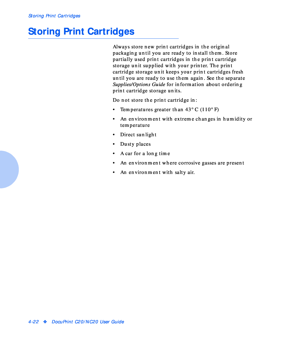Xerox NC20 manual Storing Print Cartridges 