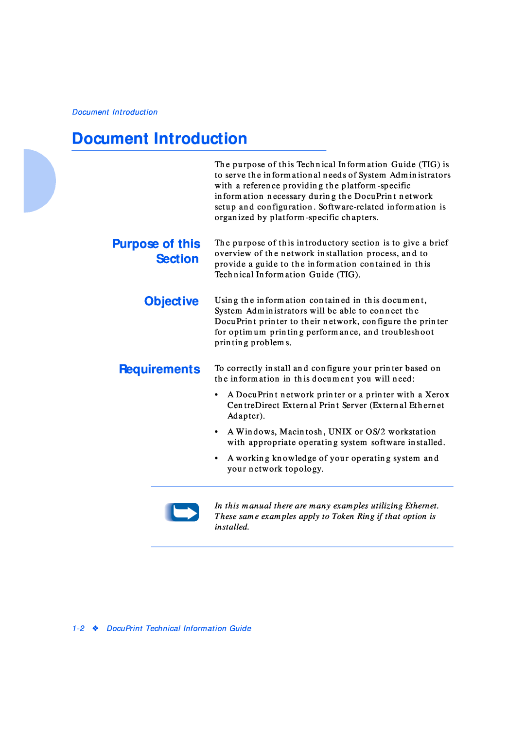 Xerox Network Laser Printers manual Document Introduction, Objective, Purpose of this Section 