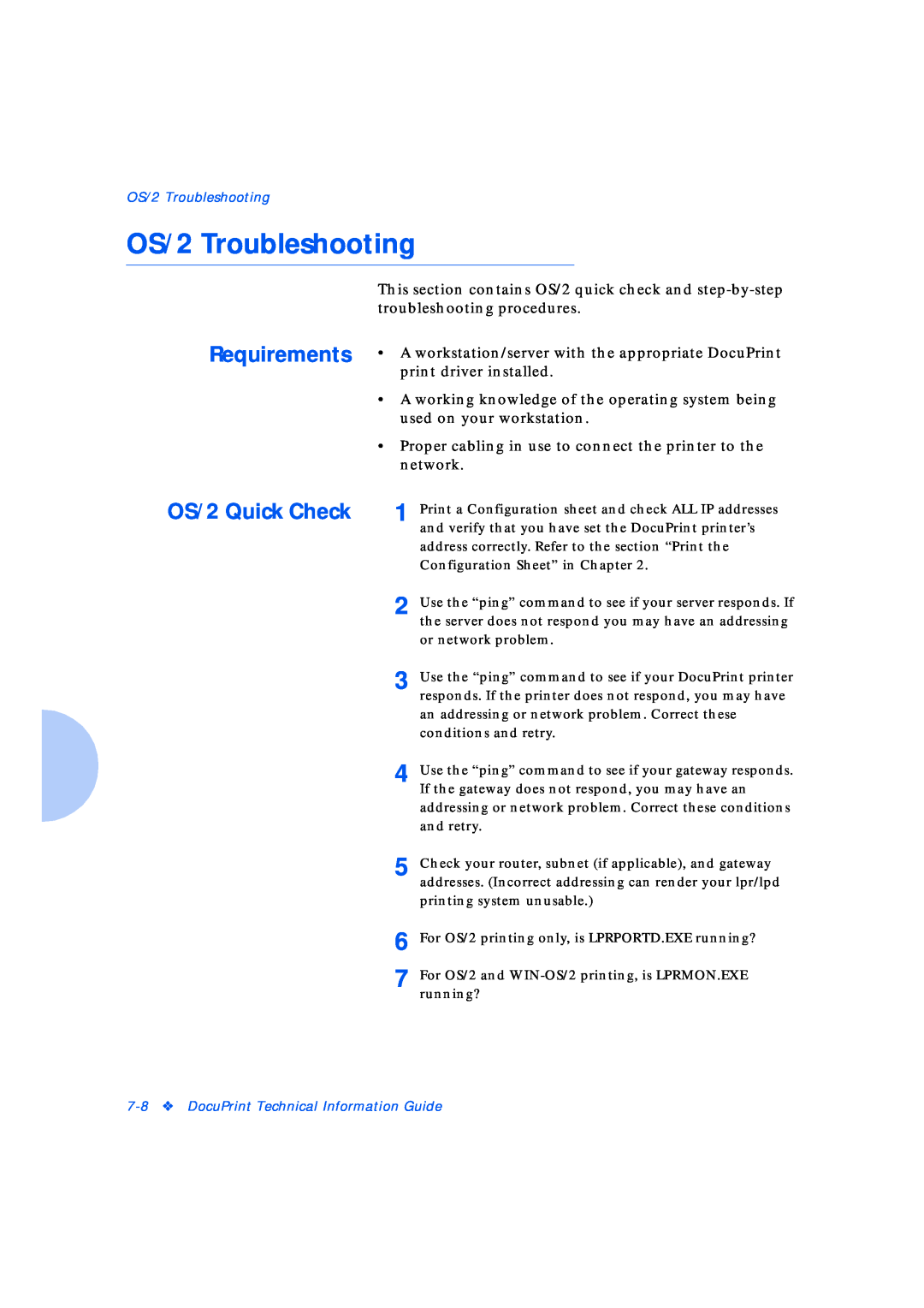 Xerox Network Laser Printers manual OS/2 Troubleshooting, Requirements OS/2 Quick Check 