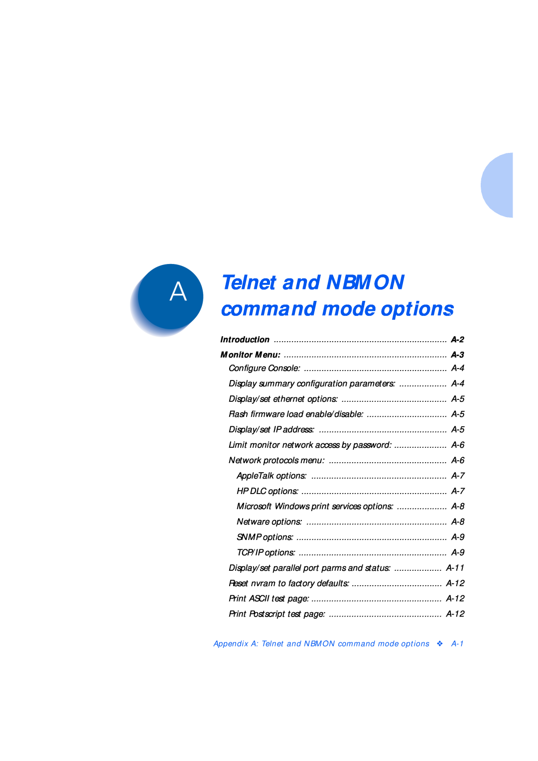 Xerox Network Laser Printers manual Telnet and NBMON command mode options 