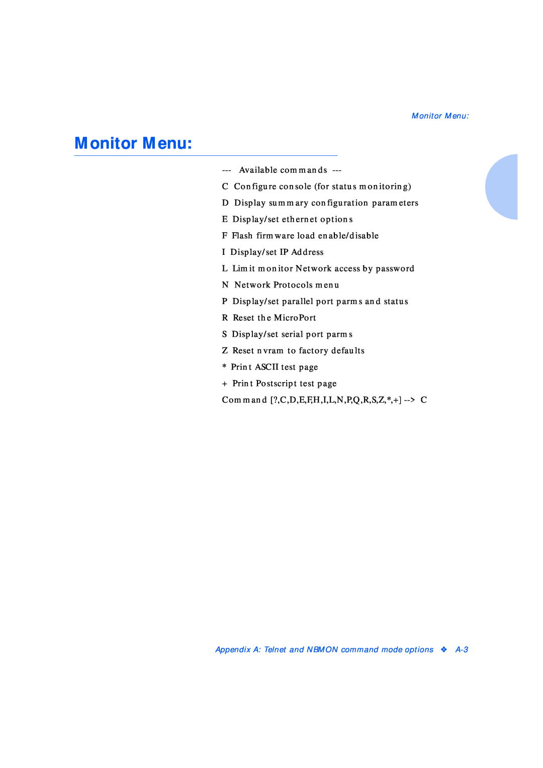 Xerox Network Laser Printers manual Monitor Menu 