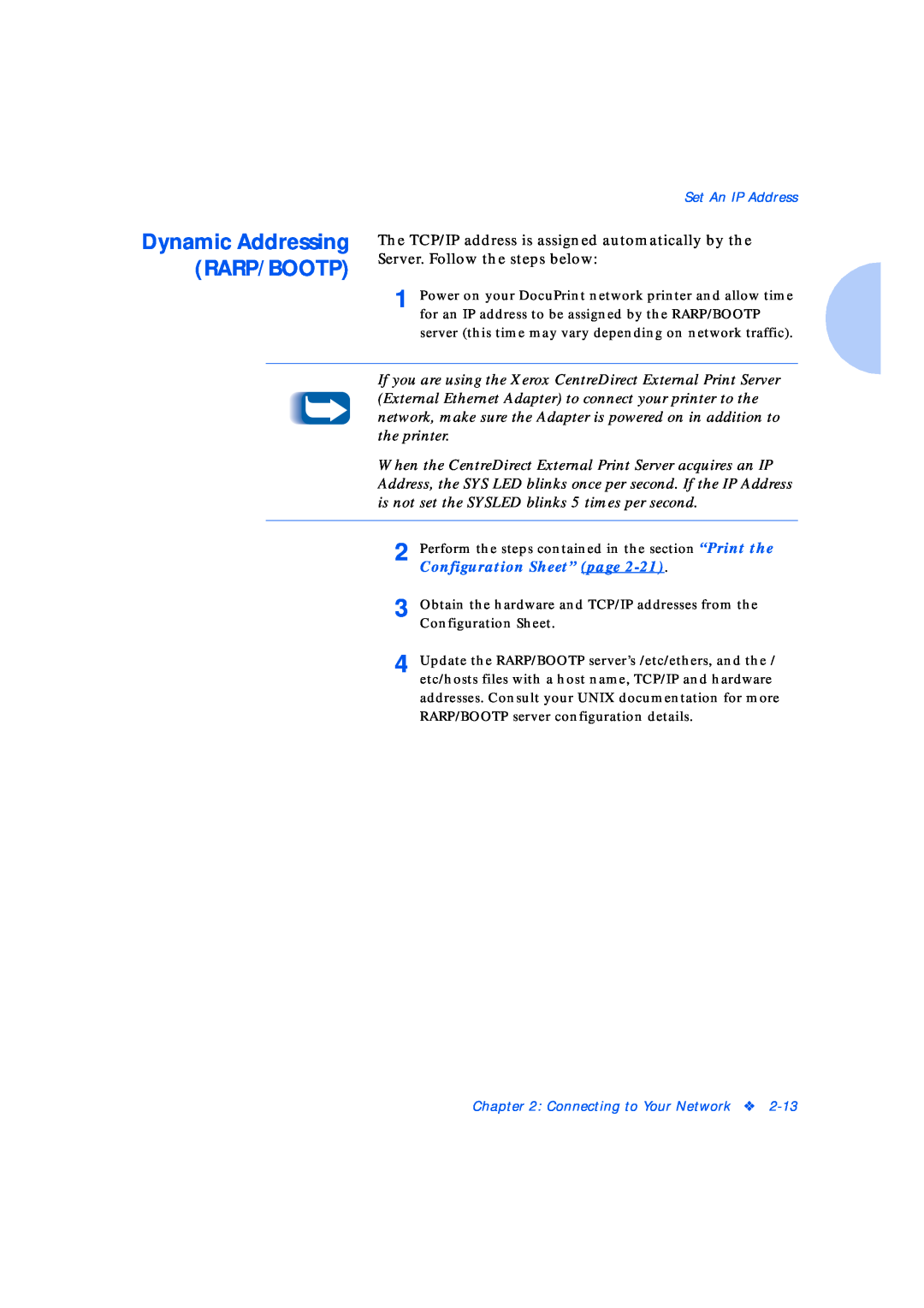 Xerox Network Laser Printers manual Dynamic Addressing RARP/BOOTP, Configuration Sheet” page 
