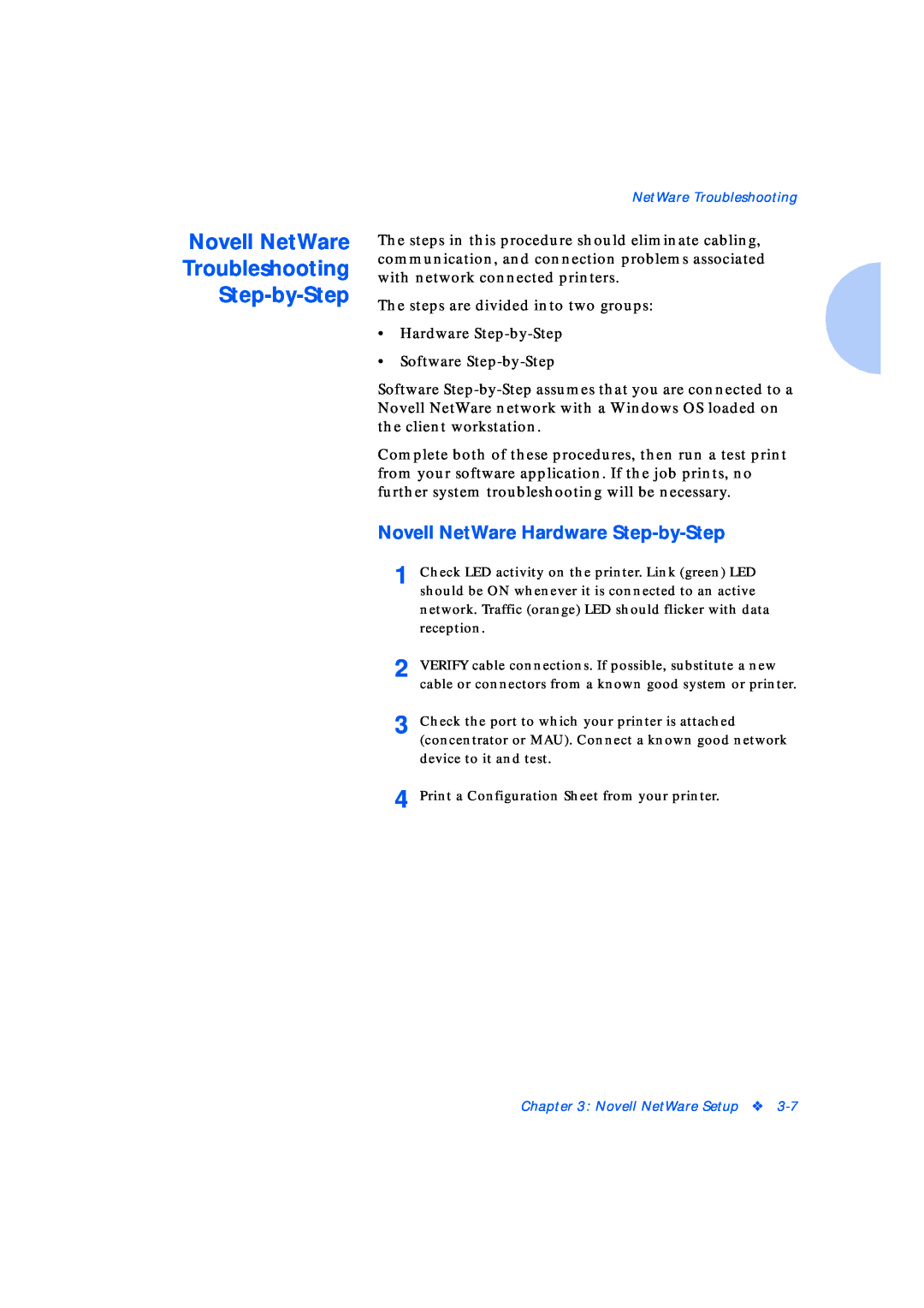 Xerox Network Laser Printers manual Novell NetWare Troubleshooting Step-by-Step, Novell NetWare Hardware Step-by-Step 
