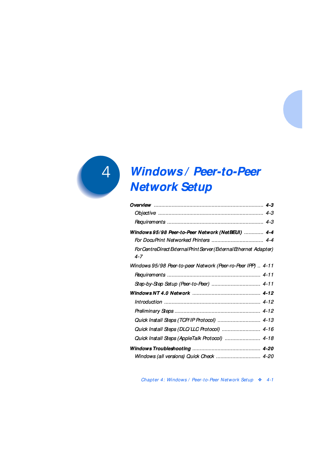 Xerox Network Laser Printers 4-12, 4-20, Windows / Peer-to-Peer Network Setup, Windows 95/98 Peer-to-PeerNetwork NetBEUI 