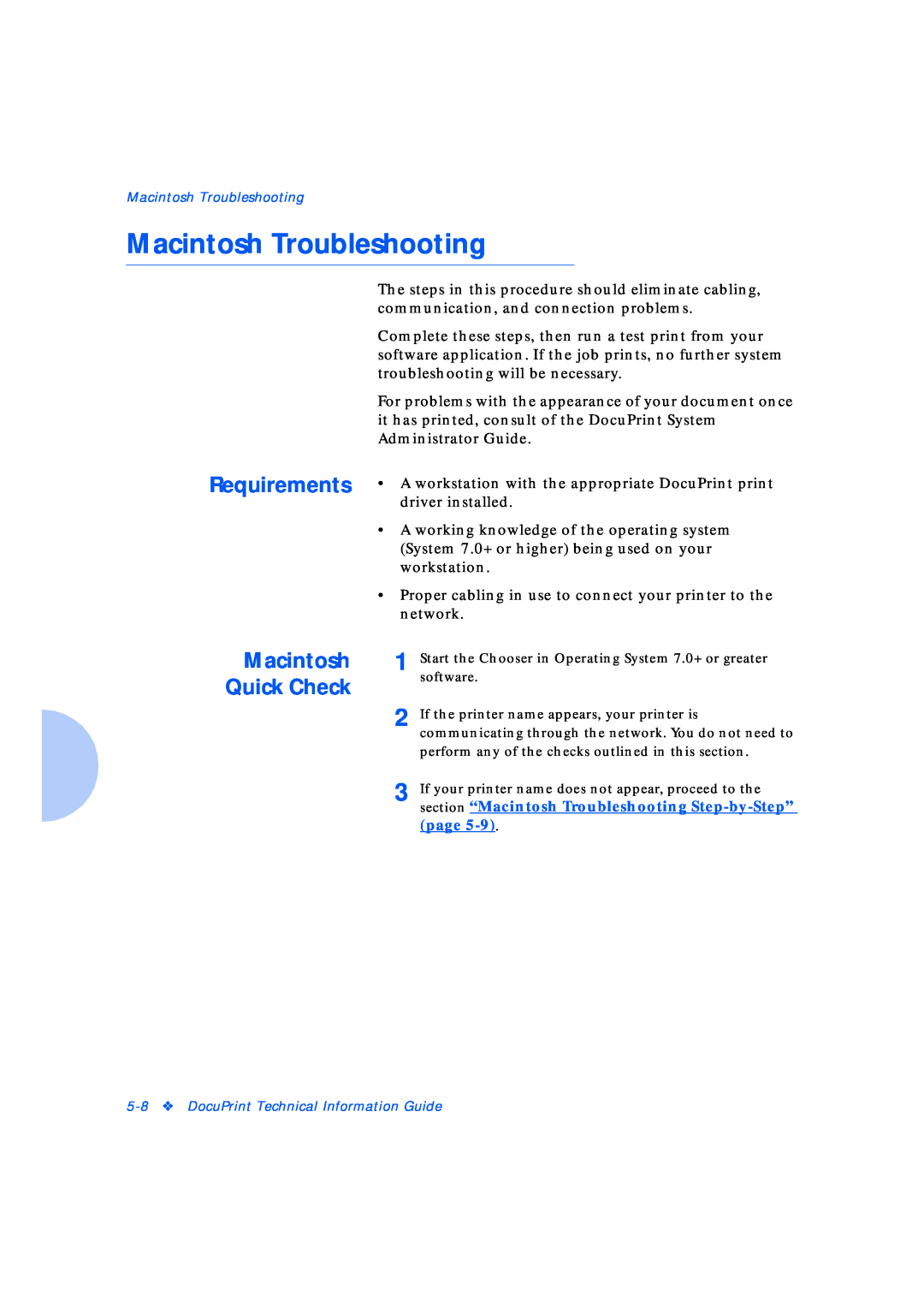 Xerox Network Laser Printers manual Macintosh Troubleshooting, Macintosh Quick Check, Requirements 
