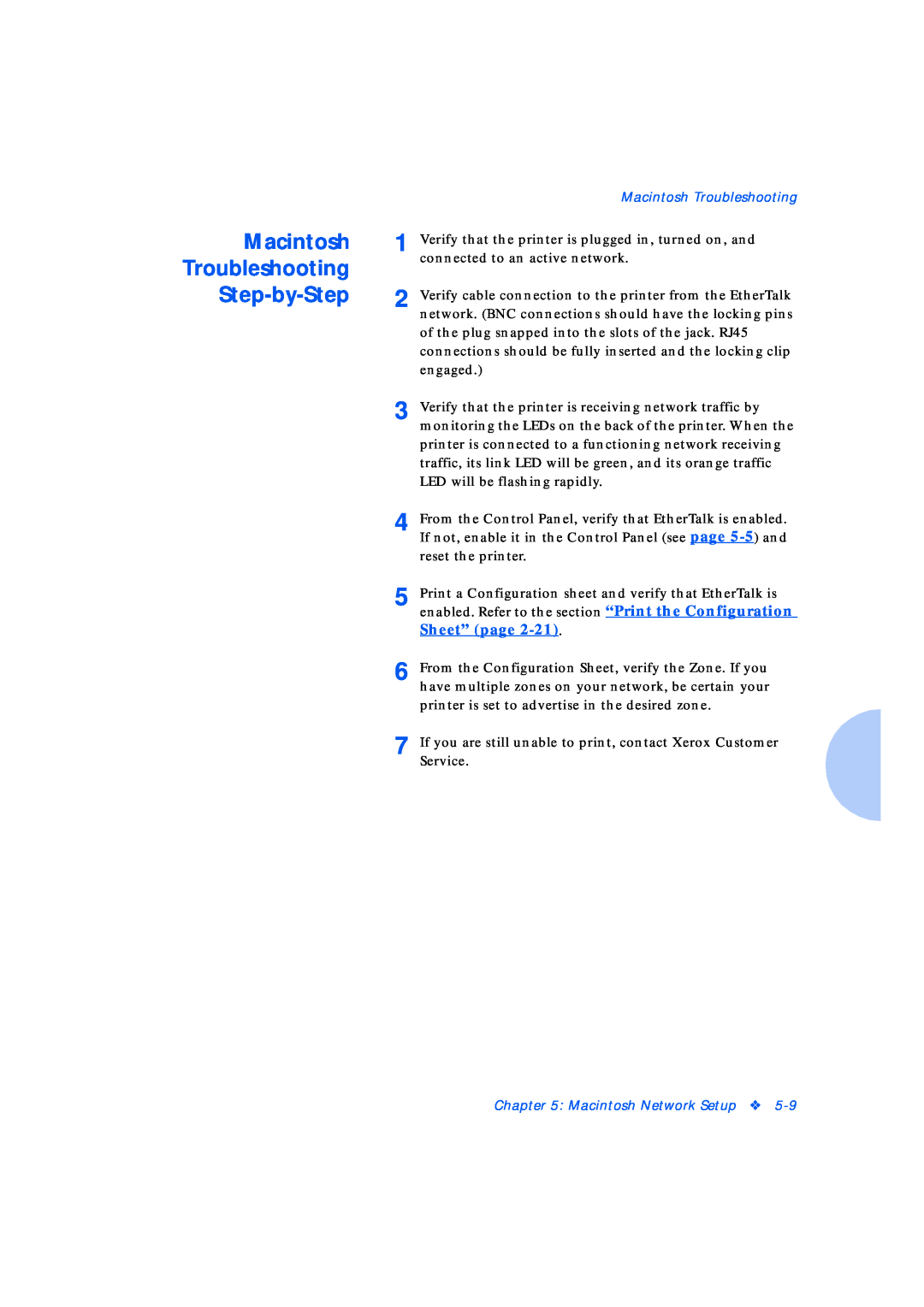 Xerox Network Laser Printers manual Macintosh Troubleshooting Step-by-Step, Sheet” page, Macintosh Network Setup 