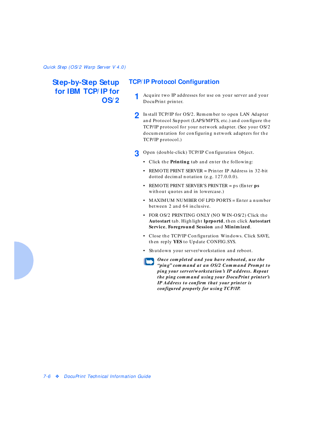 Xerox Network Laser Printers manual Step-by-Step Setup for IBM TCP/IP for OS/2, TCP/IP Protocol Configuration 