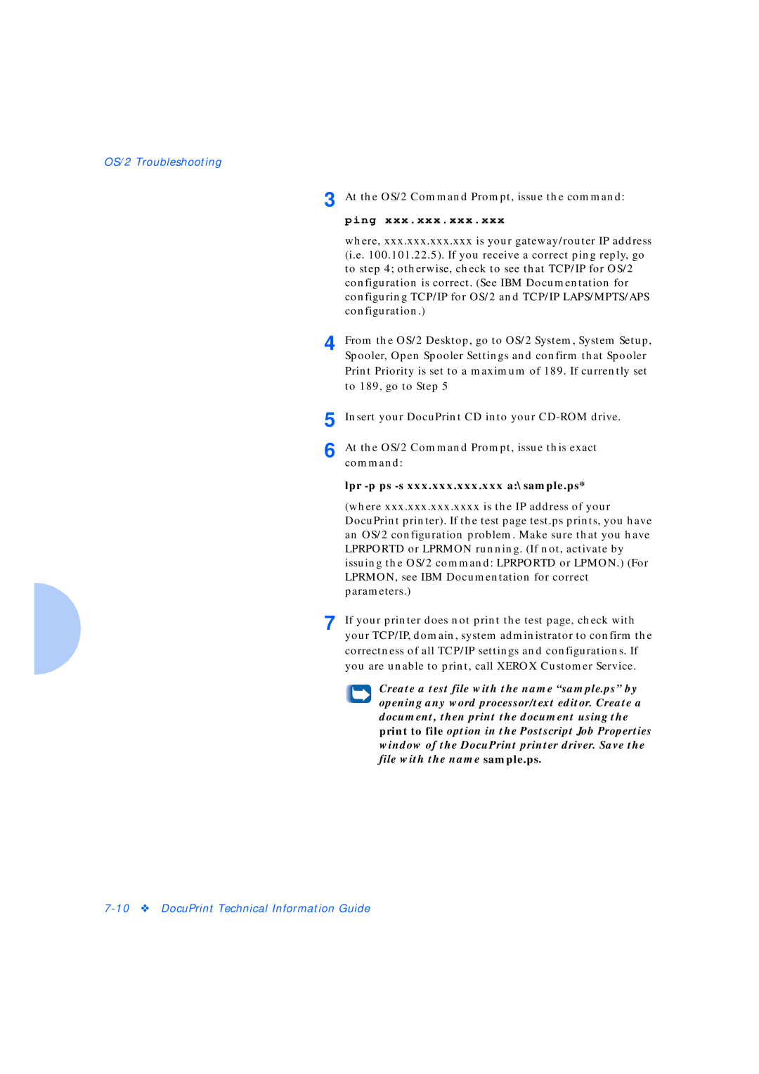 Xerox Network Laser Printers manual Lpr -p ps -s xxx.xxx.xxx.xxx a\sample.ps 