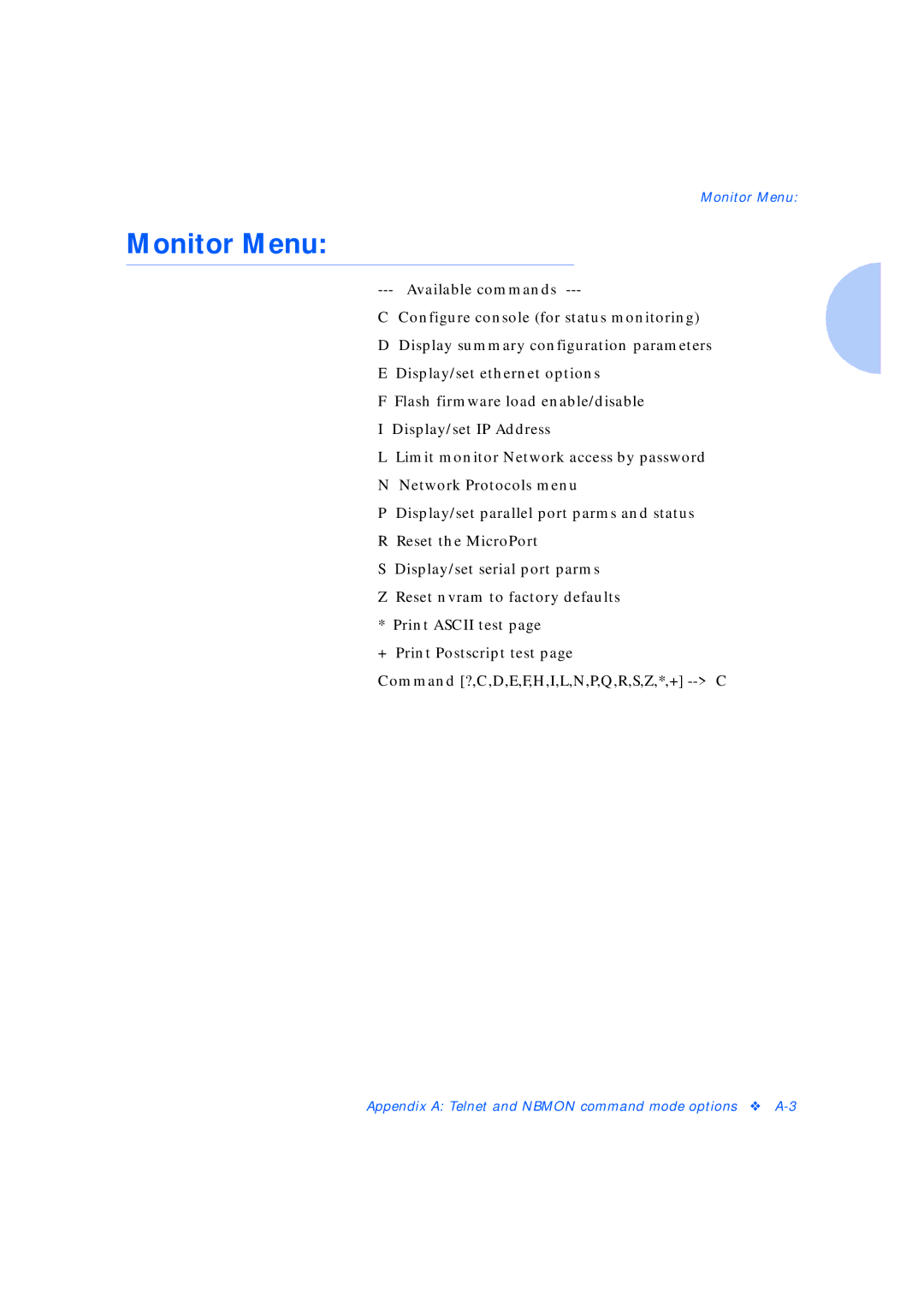 Xerox Network Laser Printers manual Monitor Menu 