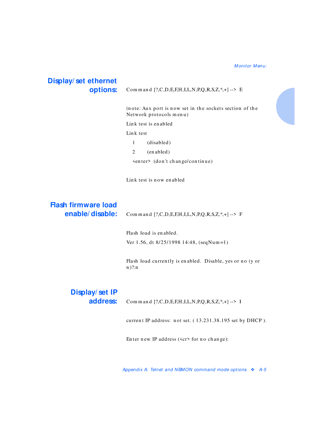 Xerox Network Laser Printers manual Display/set ethernet options, Flash firmware load enable/disable Display/set IP address 