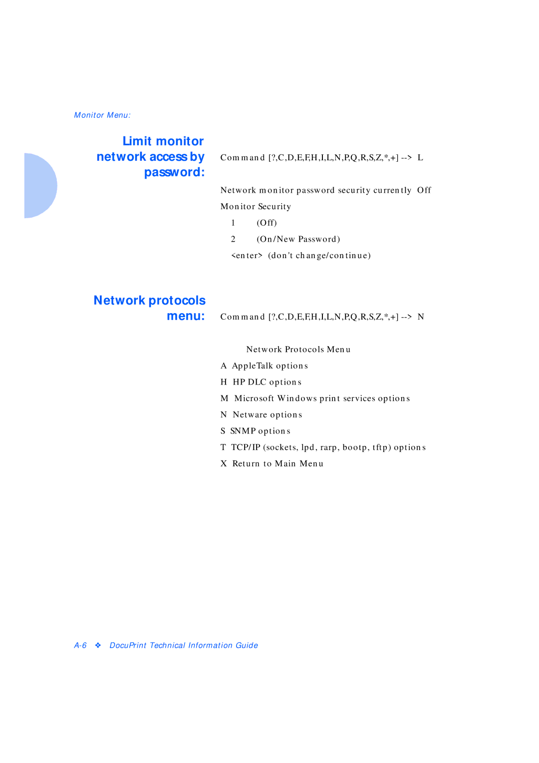 Xerox Network Laser Printers manual Limit monitor network access by password, Network protocols menu 