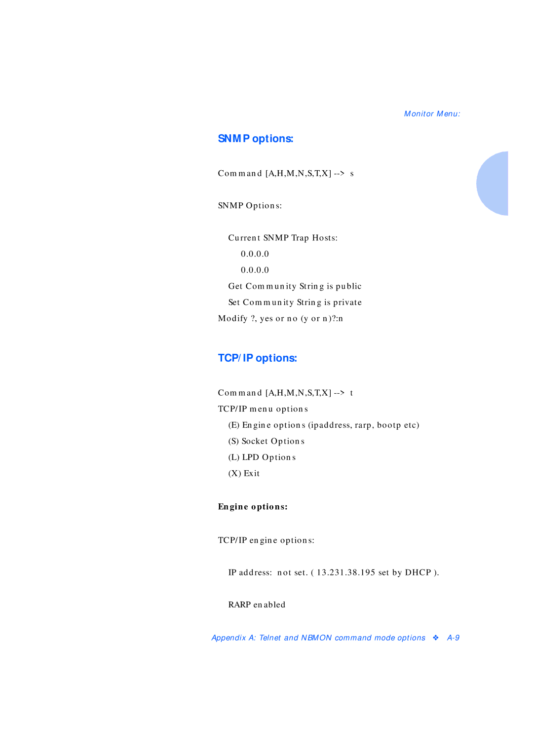 Xerox Network Laser Printers manual Snmp options, TCP/IP options 