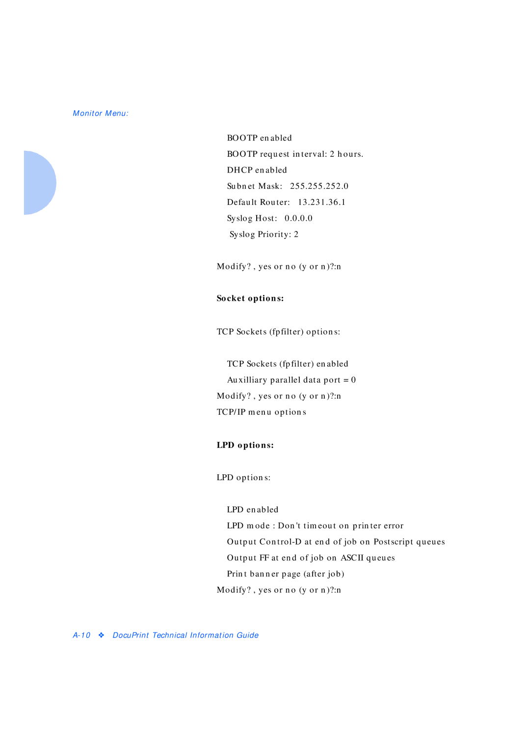 Xerox Network Laser Printers manual Socket options 