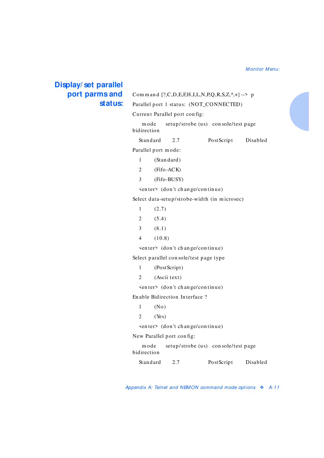 Xerox Network Laser Printers manual Display/set parallel port parms and status 