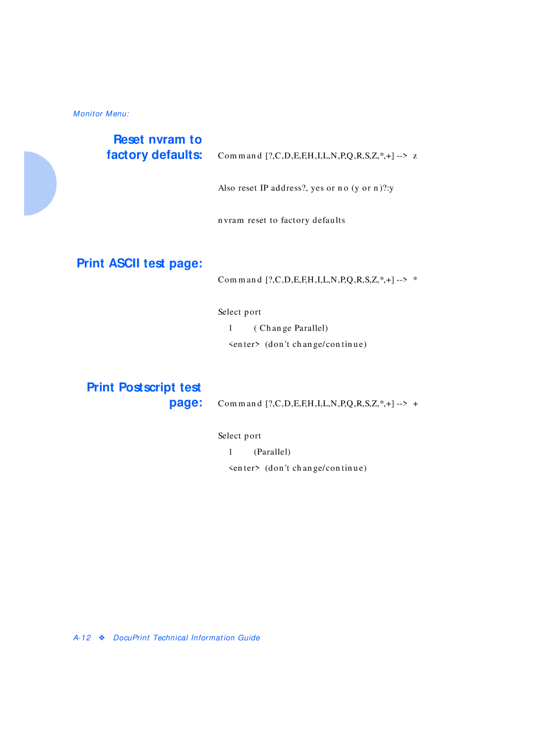 Xerox Network Laser Printers manual Reset nvram to, Print Ascii test, Print Postscript test 