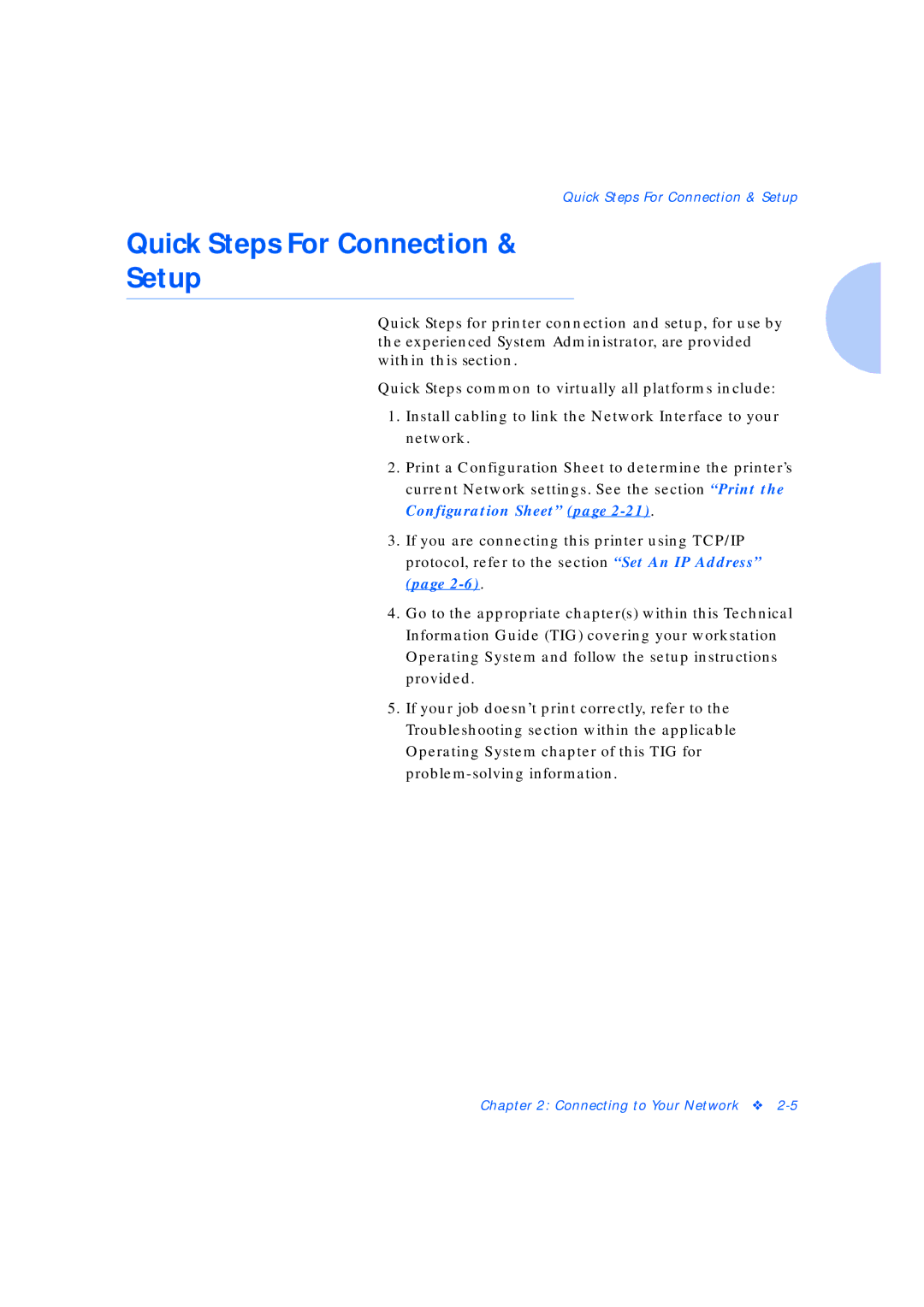 Xerox Network Laser Printers manual Quick Steps For Connection Setup 