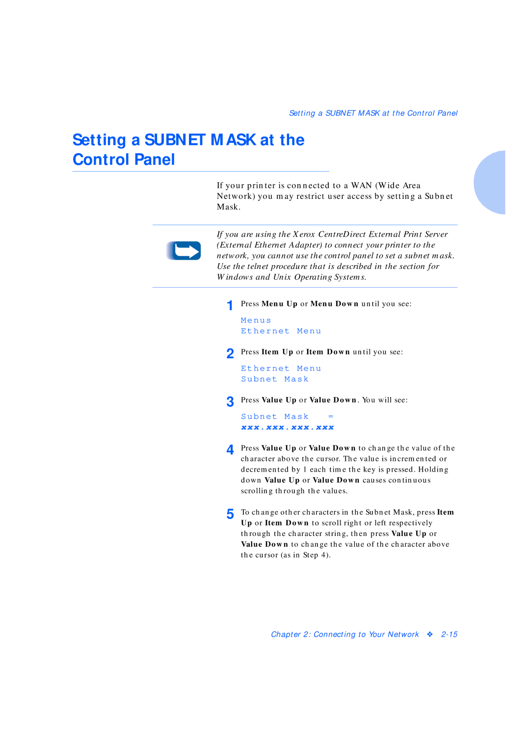 Xerox Network Laser Printers manual Setting a Subnet Mask at Control Panel 