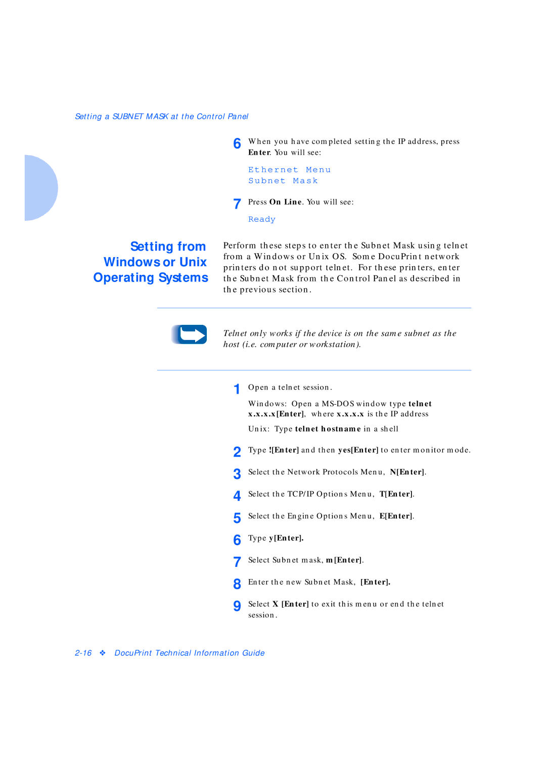 Xerox Network Laser Printers manual Setting from Windows or Unix Operating Systems, TEnter, EEnter, Type yEnter 