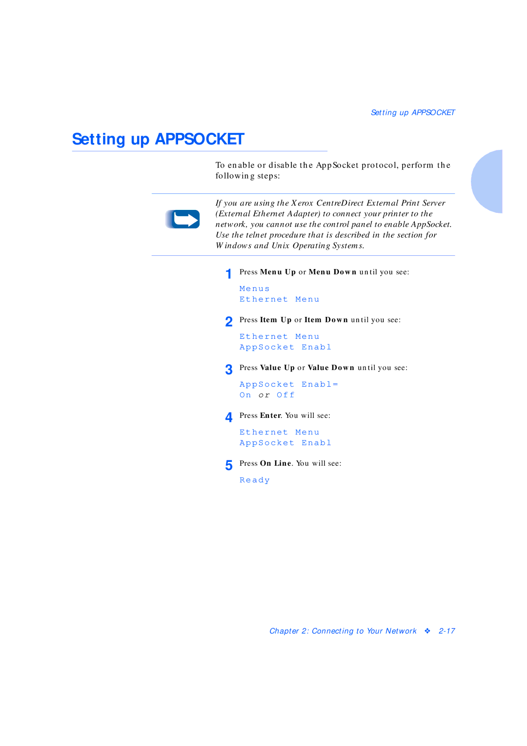 Xerox Network Laser Printers manual Setting up Appsocket 