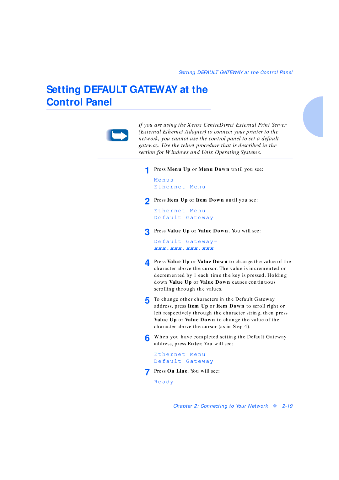 Xerox Network Laser Printers manual Setting Default Gateway at Control Panel 