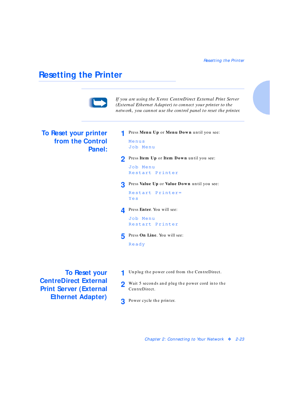 Xerox Network Laser Printers manual Resetting the Printer, To Reset your printer from the Control Panel 