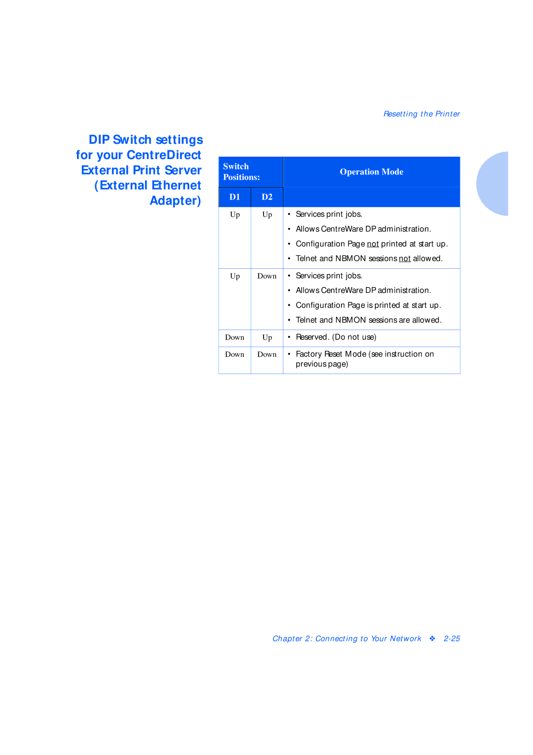 Xerox Network Laser Printers manual Switch Operation Mode Positions 