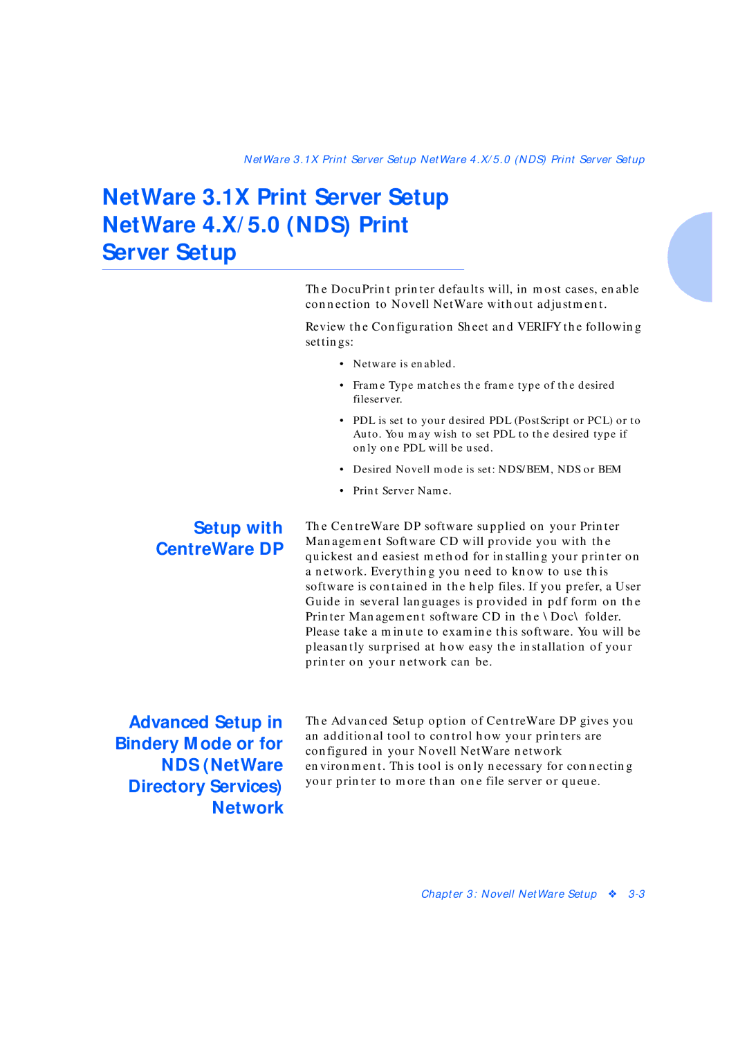 Xerox Network Laser Printers manual NetWare 3.1X Print Server Setup NetWare 4.X/5.0 NDS Print, Setup with CentreWare DP 